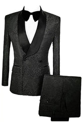 Black Double Breasted Jacquard Wedding Suit with Velvet Lapel